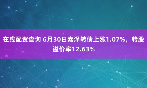 在线配资查询 6月30日嘉泽转债上涨1.07%，转股溢价率12.63%